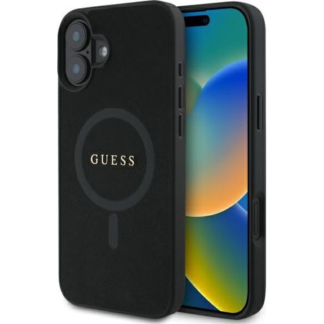 Funda rígida Guess GUHMP16SPSAHMCK para iPhone 16 de 6,1 pulgadas, color negro/negro, con logo Saffiano Classic y MagSafe. (1/5)