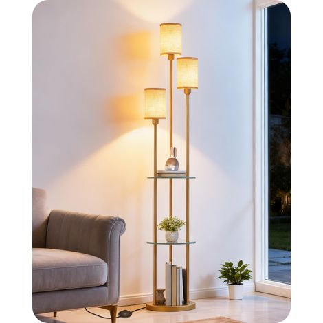 Lampadaire avec Étagère, Style Vintage, Beige et Verre avec 3 Abat-jour en Tissu Lin et 1 Interrupteur à Pied, pour Salon, Chambre, Bureau (1/5)