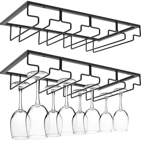 2er-Pack 4-reihiges Weinglasregal unter dem Schrank, schwarzes hängendes Weinregal unter dem Schrank, Weinglas-Aufbewahrungshalter, Hängeregal für Schrank, Küche, Bar
