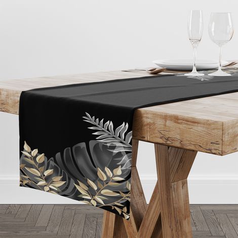 Chemin de table mat lisse 40x140 Mostera noir et or 009 (1/5)
