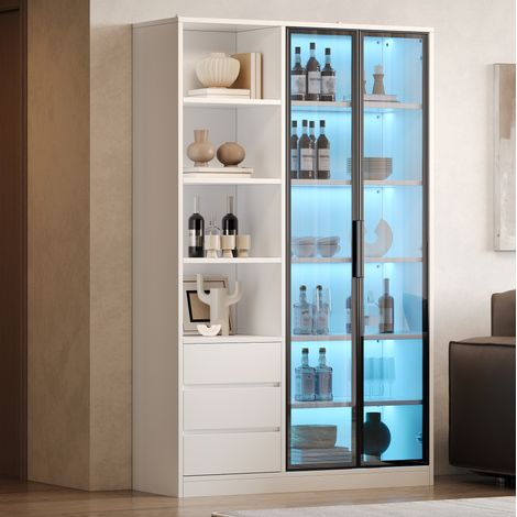 Vitrina alta con LED, 3 cajones, 2 puertas de vidrio templado y 4 estantes abiertos, blanca, para salón o comedor con almacenaje vertical -FLORAGRACE (1/5)