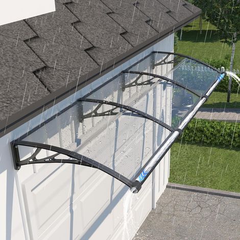 Marquise de Porte Extérieure 300x80cm Auvent avec Drainage pour Terrasse Anti-UV pluie vent neige, Polycarbonate 5mm, Résiste aux chocs, Support ABS anti-rouille, pour Fenêtre, Balcon, Terrasse (1/5)