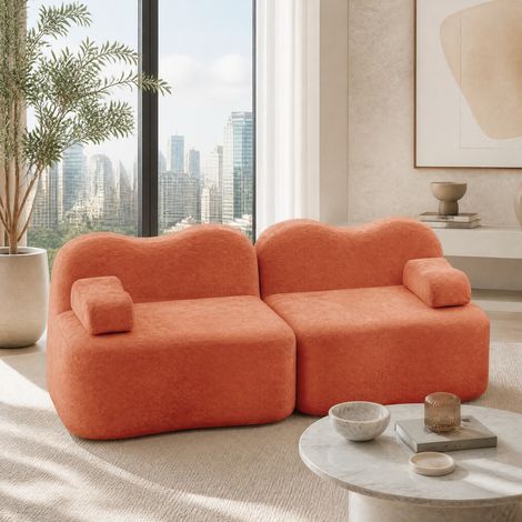Canapé modulaire 2 places en velours orange, design ondulé, sans montage (1/5)