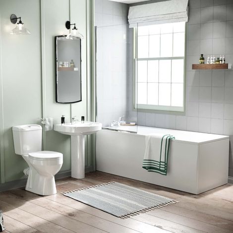 Seattle Close Coupled Toilet, Pedestal Basin, Round Bath & Shower Screen Suite White (1/5)