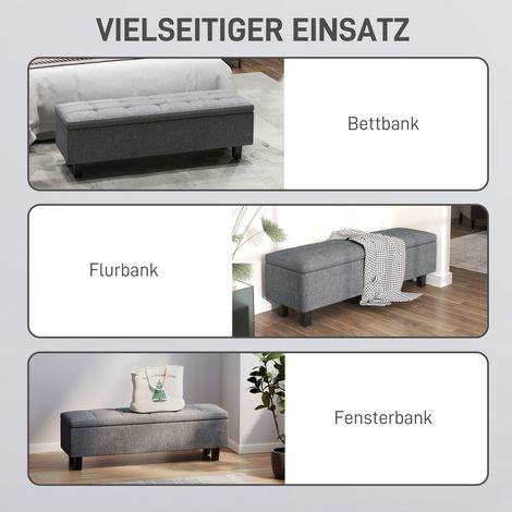 Banque de rangement avec coffre, banc rembourré aspect lin, pieds en bois, banc moderne pour entrée, chambre, salon, 138 x 40 x 45 cm, gris foncé (1/5)