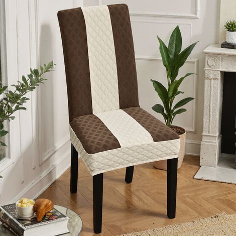 2 Housses de Chaise extensibles Taille M, matelassées diamant bicolore, polyester lavable amovible, maison hôtel banquet, Beige-Marron Café (1/5)