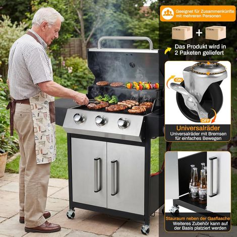 Gasgrill 3+1 Edelstahl Brenner,13,5 kw Gas Grillwagen BBQ mit Seitenkochfeld,Gasgriller mit Thermometer,4 PCS Bremse Rollen,DE I3B/P(50) Gasdruckregler,Grillküche Camping Garten(Butan/Propan) (1/5)
