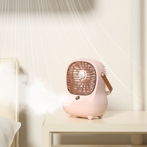 Ventilateur de bureau électrique brumisateur rechargeable USB, portable, rose, idéal pour la maison et les voyages. (1/5)
