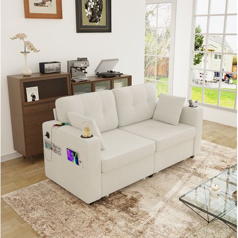 Divano a 2 posti 172/75/82 cm beige in ciniglia con USB, portabicchieri e spazio contenitore (1/5)