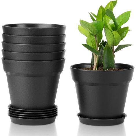 6Pcs Pot de Fleur en Plastique 5 Pouces Noir Système d'irrigation avec Trou d'échappement Convient aux Jardins Balcon Extérieurs Intérieurs (1/5)