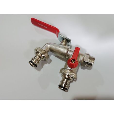 GROOFOO Premium Double Robinet Jardin 1/2" Pouce (Rouge) - Robinet à Double Sortie - Robinet Extérieur Laiton Anti-Gel Acier Inoxydable - Manifold à Clapet à Bille (1/4)