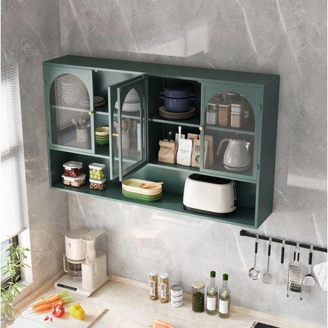 Mueble alto de pared 120x23x70 cm de metal y vidrio, verde oscuro, cocina FloraGrace (1/5)