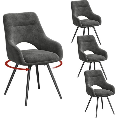 WOLTU Lot de 4 Chaise Pivotante Salle à Manger, Fauteuil en Chenille avec Accoudoirs, Dossier Creusé, Pieds Métalliques, Gris Foncé (1/5)