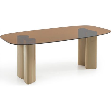 Table à manger 8 personnes en verre et pieds bois laqué beige - Verre ambré - Alty (1/5)