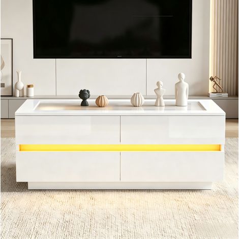 Tavolino da caffè 100x50x40 cm bianco in truciolato con vetro temperato, 4 cassetti e LED (1/5)