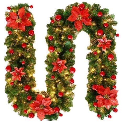 270cm Guirlande De Noël Avec Led, Guirlande Lumineuse Sapin Noel, Couronne Décoration De Vigne Noël Avec Led, Pour Décor Porte Cheminée Escaliers Fête, Intérieure Décoration Vert (1/5)