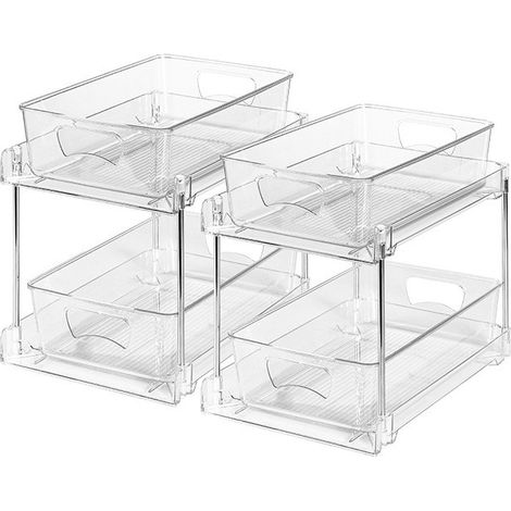 Lot de 2 organisateurs sous évier, rangement coulissant à 2 niveaux, transparent, pour salle de bain, cuisine ou garde-manger (1/5)