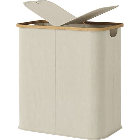 Panier à linge pliable double (80 l) avec couvercle, poignées nervurées, beige (1/5)