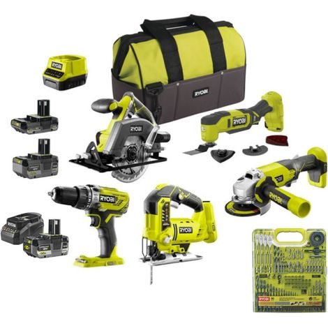 Ryobi – Pack de 5 outils électroportatifs 18V – 2 batteries 4.0Ah et 1 batterie 2.0Ah – 2 chargeurs – Coffret 90 accessoires