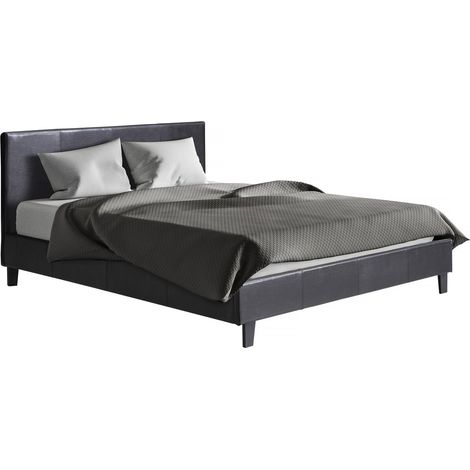 Habitat Et Jardin – Lit double Lina 140 x 190 cm – Structure en contreplaqué – Pieds en bois – Simili cuir noir – Sommier à lattes inclus