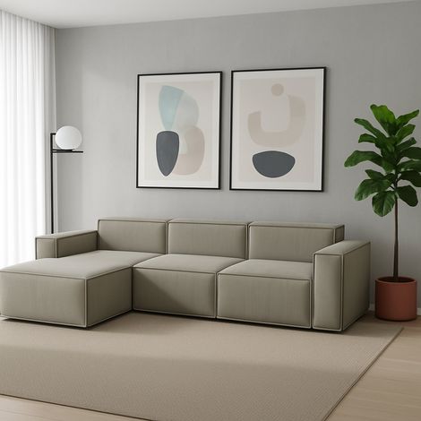 Dmora - Canapé fixe Dflori, Canapé modulable 3 places avec péninsule gauche, 100% Made in Italy, Canapé moderne en tissu, Cm 300x170h70, Tourterelle (1/5)