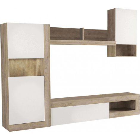 Parete attrezzata soggiorno mobile porta tv 148x42x215,5 cm di colore Bianco e Rovere chiaro mod. Roomy (1/5)