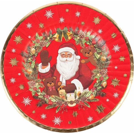 Assiettes en carton imprimé Noël et détails dorés, lot de 10, diam. 21 cm