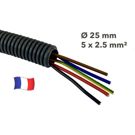Gaine électrique préfilée 45 mètres diam 25 avec 5 fils Bleu, Vert/Jaune, Rouge, Noir, Marron 2.5 mm² - PREFA ELEC