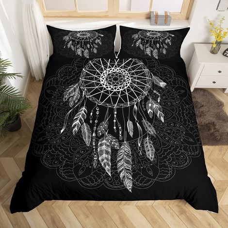Housse de Couette Attrape Rêves Blanc Parure de lit bohème Mandala Noir Femmes Hommes Moderne géométrique Housse de Couette Ensemble Boho Fleurs Plumes Ensemble de literie 220 x 240 cm (1/5)
