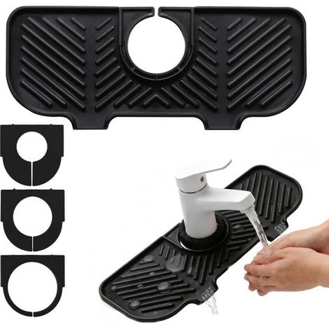1 paraspruzzi per lavabo,tappetino drenante in silicone per rubinetto,anello regolabile in 3 misure,nero,27 x 11 cm (1/5)