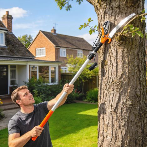 Scie à branches 2 en 1 avec sécateur intégré, scie d'élagage avec manche télescopique 135/172/199 cm pour les branches hautes, orange