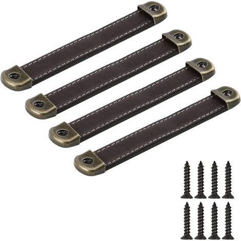 Poignées cuir marron 128mm vintage pour meubles cuisine tiroirs lot de 4 (1/5)