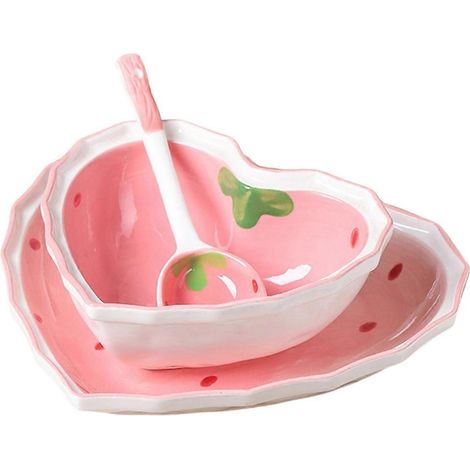 Erdbeer-Schüssel, Löffel und Teller-Set mit feinem Muster, ideal für Salate, Desserts und andere Leckereien. 3-teiliges Geschirrset. (1/5)