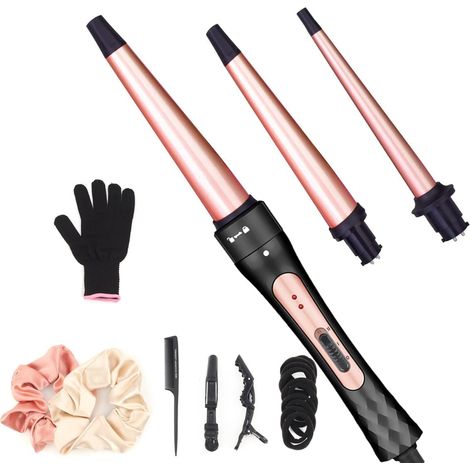 Fers à Boucler Set, 3 en 1 Fer à Friser Boucleur Céramique Interchangeable pour Boucles Grandes, Petites et Ondulées, Boucleur Cheveux Chauffage Rapide, avec Gants (1/5)