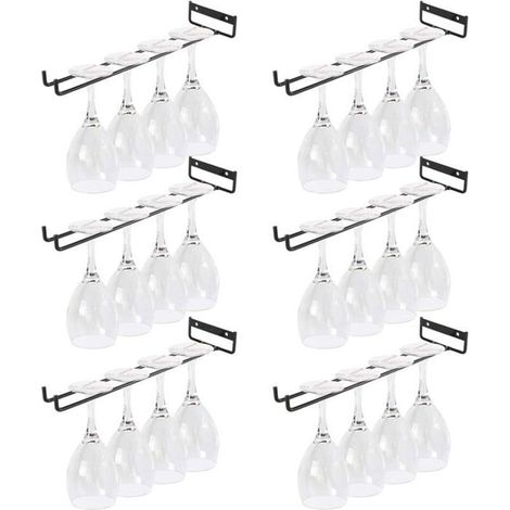 Porte-verres suspendus en métal noir, 6 pièces, support pour verres à pied de 30 cm, à installer sous un meuble. (1/4)