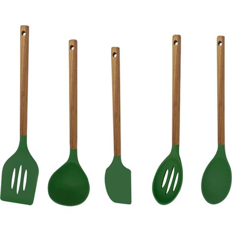 Cuillère En Silicone - Manche En Bois D'acacia - Cuisine Intérieure - Lot De 5 (1/5)