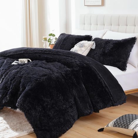 Parure de lit 3 pièces en Fausse Fourrure Noire pour Grand lit 1 Couette en Fausse Fourrure + 2 taies d'oreiller en Fausse Fourrure (1/5)