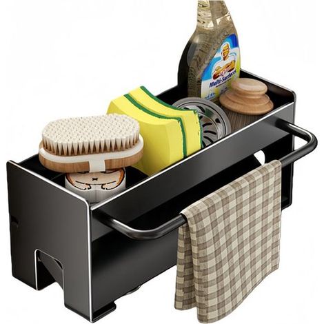 Organisateur d'évier iBright avec porte-torchons - Organisateur de cuisine avec égouttoir - Séchoir à vaisselle - Acier inoxydable - Noir (1/5)