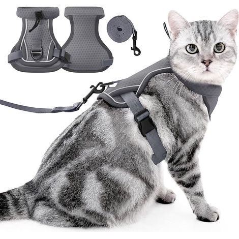 Cat Harness and Leash - Adjustable Cat Vest Anti-Escape with Reflective Strips, Control Walking for Cats Kitten Collar (Grey, S) (1/5)