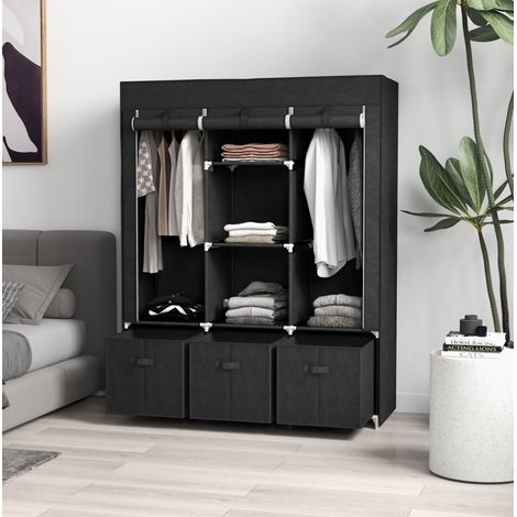 Armoire en tissu non tissé avec 3 tiroirs, 2 tringles et 5 étagères, 125x43x162,5 cm, noire (1/5)
