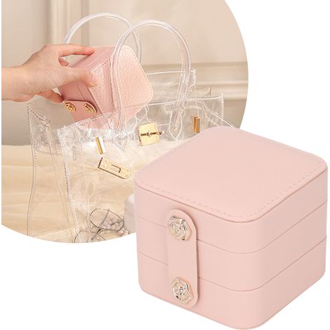 Tragbare Schmuckschatulle aus rosafarbenem, mehrlagigem PU-Leder für Reisen – Organizer für Schmuck, Armbänder, Halsketten, Ringe (1/5)