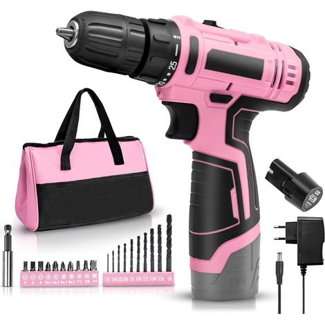 Tournevis électrique 12V rose – Tournevis sans fil avec coffret d'outils – Coffret d'outils complet, 1400 tr/min, 21 forets, pour le bricolage et l'entretien de la maison (1 batteries) (1/5)