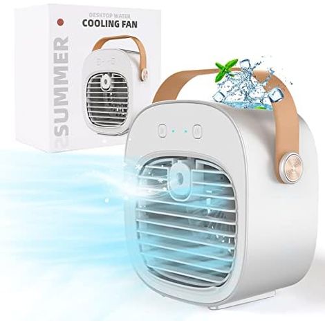 Tragbarer Luftkühler, Mini Persönliche Klimaanlage, 2 in 1 Kleine Verdunstungskühler mit Griff/Luftbefeuchter/3 Geschwindigkeiten Desktop Eiswürfel Kühlventilator für Büro und Schlafzimmer (1/5)