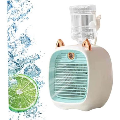 Mini ventilador，USB，recargable，Ventilador de mesa portátil 3 en 1 con refrigeración de aire，humidificador y LED，3 velocidades，Azul (1/5)