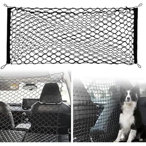 Grille de protection de voiture barrière filet de séparation chien polypropylène avec 4 crochets élasticité pour coffre double couche grille de séparation pour chien 120 x90cm (1/5)