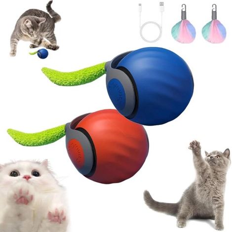 Pelota eléctrica para gatos, 2 piezas, Pelota automática para gatos con cola, Recargable, Rueda rápido sobre alfombra, Gatos y perros (1/5)