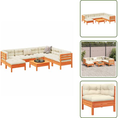 The Living Store Salon de jardin 8 pcs avec coussins marron cire bois pin massif - Ensemble Salon De Jardin - Meuble Extérieur - Mobilier De Jardin - Canapé D'angle - Canapé En Bois