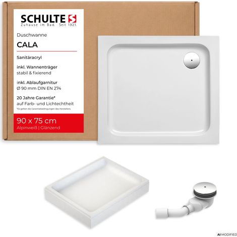 Schulte Duschwanne Cala 90x75 cm Weiß - Komplettset inkl. Wannenträger und Ablaufgarnitur, aus Hochwertigem Sanitäracryl