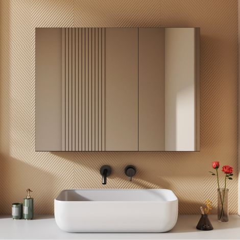 Spiegelschrank Bad Schwarz Spiegelschrank mit Innenspiegel Metall Badezimmerschrank mit Spiegel + Verstellbare Glasablage (80 x 60 cm) (1/5)
