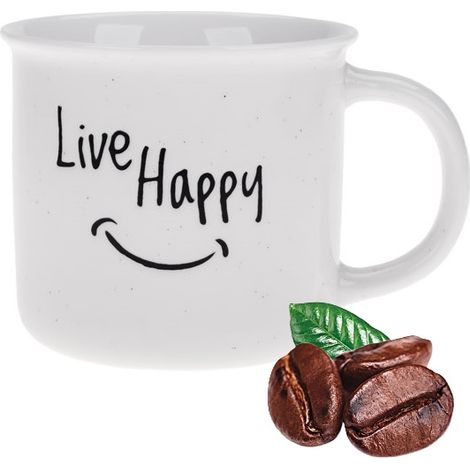 Tazza in porcellana New Bone Happy da 360 ml con motivo imitazione smalto retrò, 4 scritte in rilievo bianche e nere "Live Happy". (1/3)
